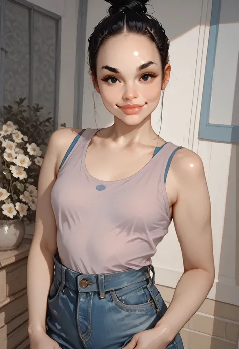 1girl, looking at viewer, black hair, (top knot hair bun), (forehead), ponytail, black eyebrows, thin eyebrows, black eyes, nose, lips, thick lips, smile, tank top, blue tank top, small breasts, denim pants, jeans pants, standing