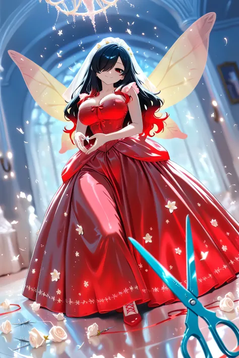 1 girl, Kuroki Monika, red eyes, gradient hair, black hair, red hair, long hair, asymmetrical hairline, hair over right eye, ((large breasts)), (petite but curvy), very cute, lovely, solo, standing in the center wearing a red dress, many Little fairies wi...