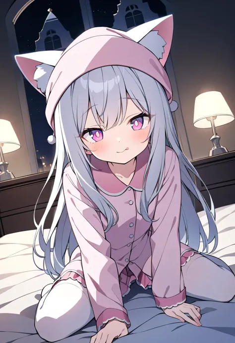 long hair,Silver Hair, girl,Cat ears,alone,pink pupils,lying on the bed,pajamas,Nightcap,white stockings,Manor,room,night,Licking lips, skirt,Lights out, darkness,First Perspective