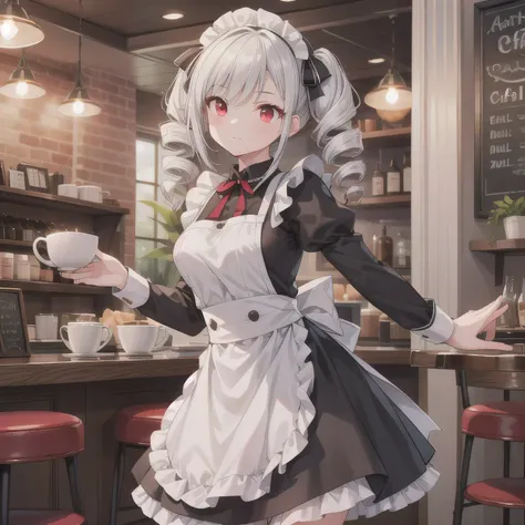A girl is working as a waitress in a cozy cafe. She's wearing a classic maid outfit. The air feels warm and calm, and it's like you can almost smell the coffee through the picture. (Drill Hair: 1.5), White Hair, Long Hair, (Red Eyes: 1.5), Twin Drills.