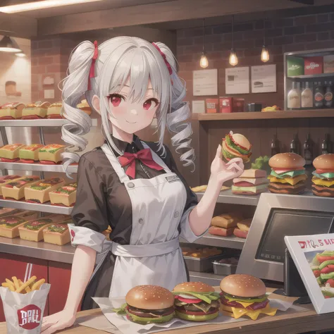 She is a cheerful girl working behind the counter at a cozy burger shop. She is wearing a cute burger shop uniform and smiling warmly at the customers. The background shows a bright and clean fast food counter with menu boards. (Drill Hair: 1.5), White Hai...