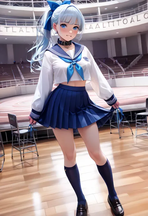 Highest Quality、high resolution、Detailed Background、 detailed expressions 、Detailed description of uniforms、female、Choir performance、
(The girls' choir is lined up in a row on the stage of a classical auditorium:1.5)、
The girls are all wearing navy blue sa...