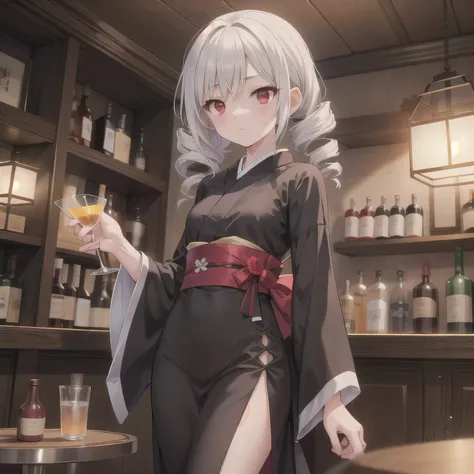 A 2D anime-style illustration. The scene is set inside a dimly lit, cozy Japanese "snack" bar. The lighting is soft and warm, with gentle shadows creating a relaxed, moody atmosphere. Bottles of liquor line the shelves behind the bar, and small round table...