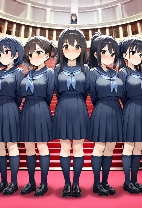 Highest Quality、high resolution、Detailed Background、 detailed expressions 、Detailed description of uniforms、female、Big Breasts、Choir performance、
(The girls' choir is lined up in a row on the stage of a classical auditorium:1.5)、
The girls are all wearing ...