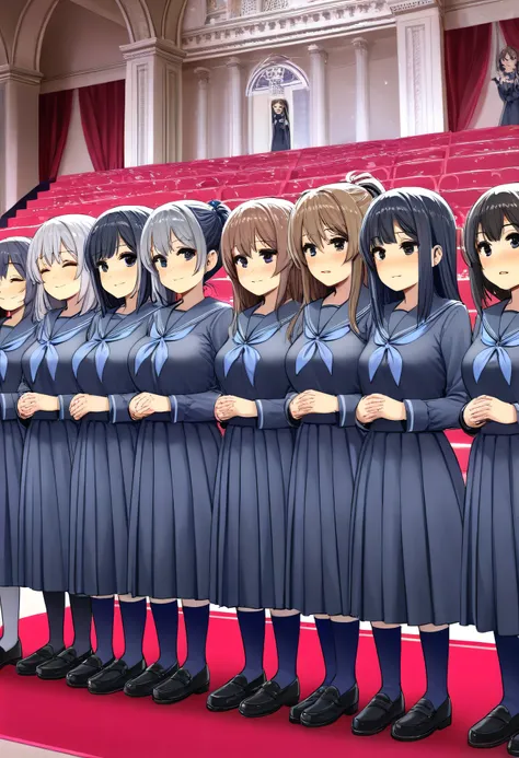 Highest Quality、high resolution、Detailed Background、 detailed expressions 、Detailed description of uniforms、female、Big Breasts、Choir performance、
(The girls' choir is lined up in a row on the stage of a classical auditorium:1.5)、
The girls are all wearing ...