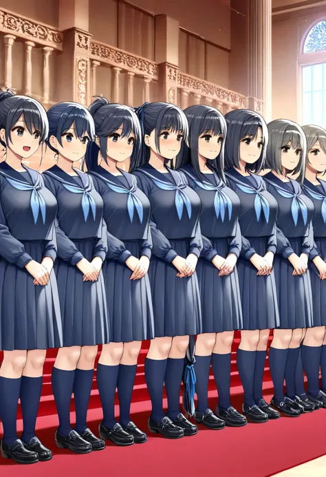 Highest Quality、high resolution、Detailed Background、 detailed expressions 、Detailed description of uniforms、female、Big Breasts、Choir performance、
(The girls' choir is lined up in a row on the stage of a classical auditorium:1.5)、
The girls are all wearing ...