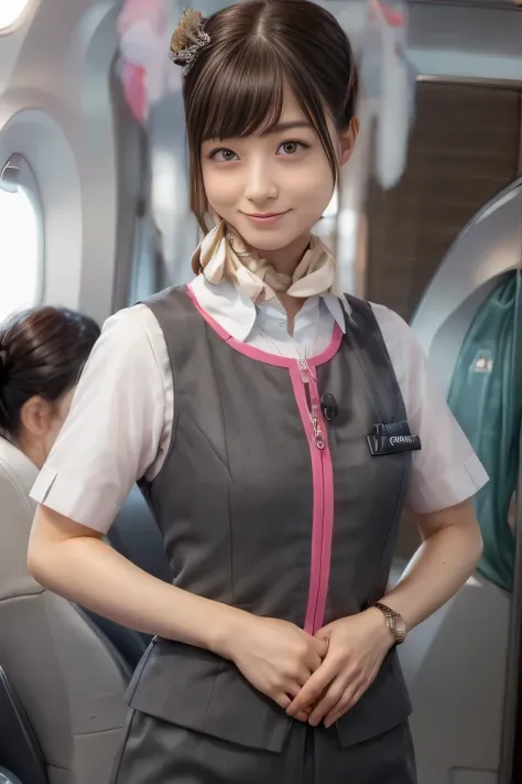 (masterpiece:1.2, Highest Quality:1.2), 32kHDR, high resolution, (alone、one girl)、( station platform waiting for streetcars、Professional Writing)、Empty station platform waiting for streetcars background 、( Realistic style of JR GranClass Attendant Uniform...