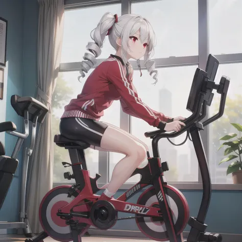 A fitness gym, a person training on a stationary bike, side view, bright morning sunlight through large windows.  (Drill Hair: 1.5), White Hair, Long Hair, (Red Eyes: 1.5), Twin Drills.