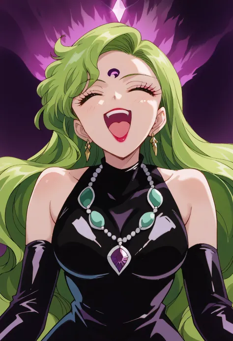 1 woman, beautiful face above the castle gate, green hair, very long hair, wavy hair with a graceful expression, LATEX ONLY , latex gloves, red lipstick, makeup, elbow-length gloves, eyeshadow, bare shoulder,shiny latex black dress, gemstone necklace that ...