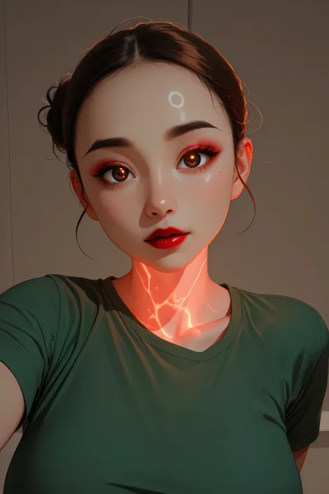 simple background, perfect face, hair bun, brown hair, (forehead), black thin eyebrows, big glowing brown eyes, thick red lipstick, beautiful woman, shirt, green shirt, medium breasts, pov, ((female asian)), asian, arms behind back