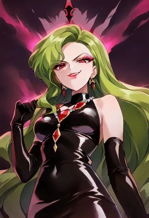 1 woman, beautiful face above the castle gate, green hair, very long hair, wavy hair with a graceful expression, LATEX ONLY , latex gloves, red lipstick, makeup, elbow-length gloves, eyeshadow, bare shoulder,shiny latex black dress, gemstone necklace that ...