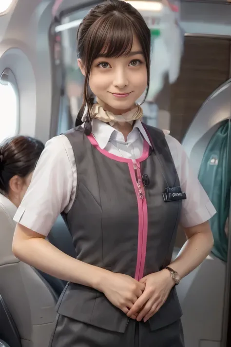 (masterpiece:1.2, Highest Quality:1.2), 32kHDR, high resolution, (alone、one girl)、( station platform waiting for streetcars、Professional Writing)、Empty station platform waiting for streetcars background 、( Realistic style of JR GranClass Attendant Uniform...
