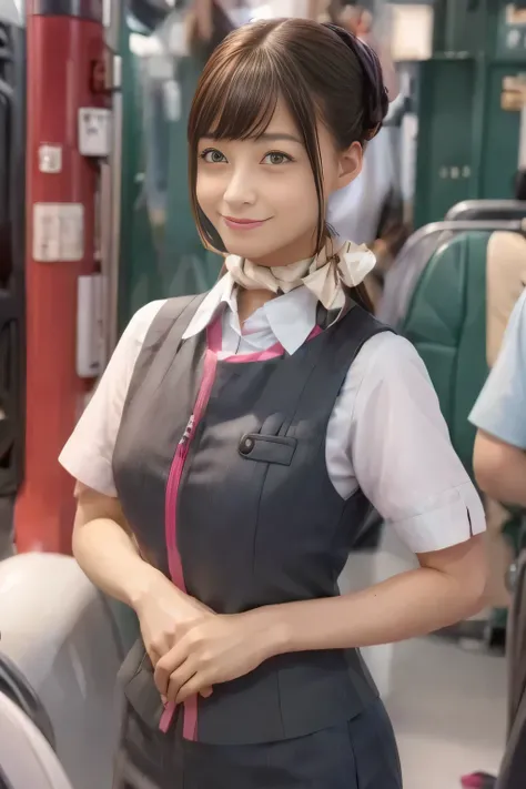 (masterpiece:1.2, Highest Quality:1.2), 32kHDR, high resolution, (alone、one girl)、( station platform waiting for streetcars、Professional Writing)、Empty station platform waiting for streetcars background 、( Realistic style of JR GranClass Attendant Uniform...