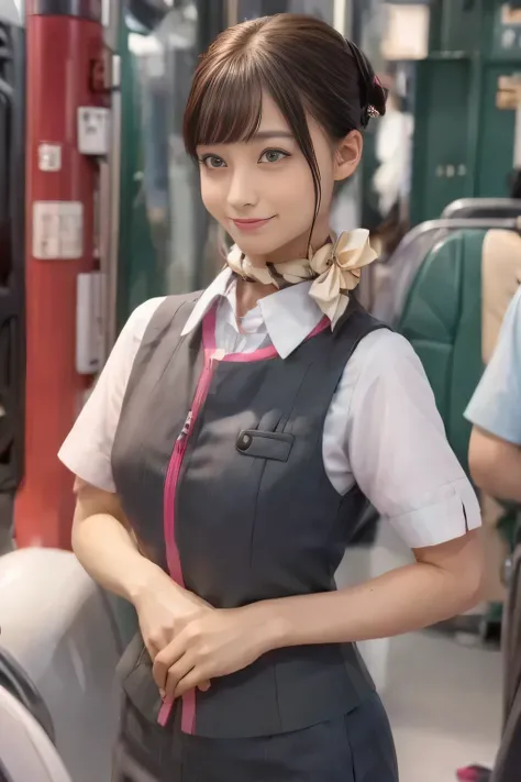 (masterpiece:1.2, Highest Quality:1.2), 32kHDR, high resolution, (alone、one girl)、( station platform waiting for streetcars、Professional Writing)、Empty station platform waiting for streetcars background 、( Realistic style of JR GranClass Attendant Uniform...
