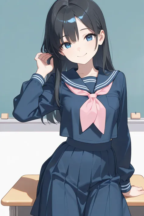masterpiece, Highest Quality, 2D, flat shading, looking at flat illustration, pastel color ,  low contrast ,  Line Art, rough pattern , one girl, sexy , mature , clear , pale classroom background , dark blue sailor suit , skirt for ears , pink triangle tie...