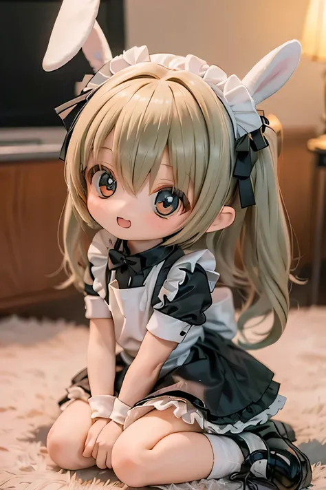 rabbit girl,   chibi, young girl, maid clothes, has big eyes, Vivid Expression, cute smile, supple standing figure,  Curious Eyes , round, kind face, fine texture, great detail, Clean and clear 4K quality, Special lighting treatment, delicate texture, Refi...