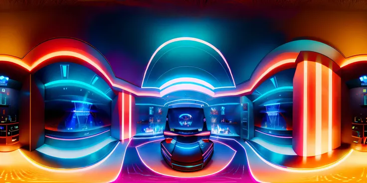 cyberpunk,room、 qxj ,realstic,(The end of the right-most image follows the edge of the left-most image)、ULTRA MODERN AESTHETICS. video games are displayed on a large wall-mounted screen, bright blue and orange LED strip lighting, and stylish leather gaming...
