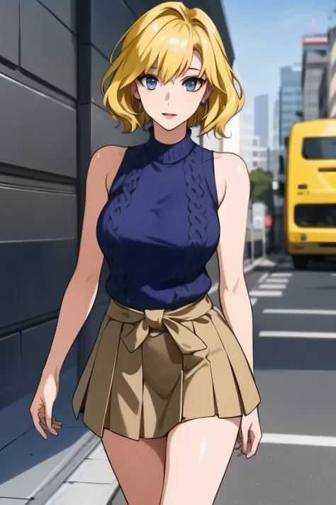 Please be blonde。Can you draw a dark blue pleated miniskirt,please draw her expression more delicately，walking alone，   city tour   ,，（（（She's wearing casual tourist attire）））， I have a SLR camera  ,（Let's draw a more delicate look），（sleeveless wool sweate...