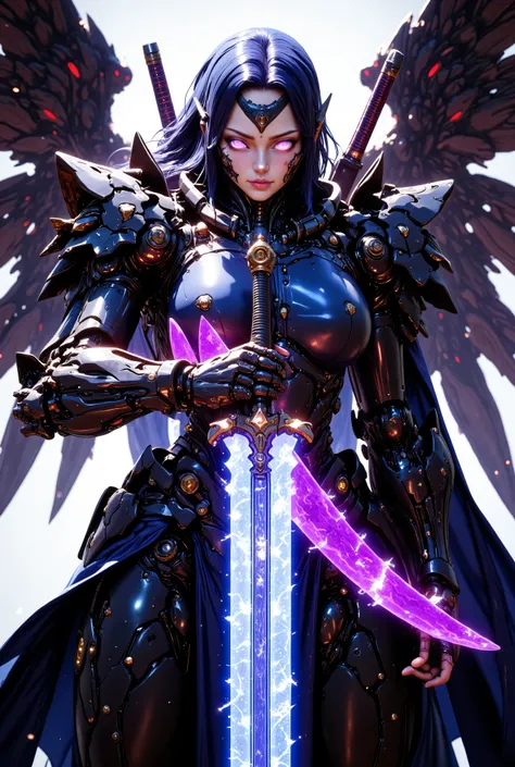 A resolute female cyborg with a mechanical dragon head arm, her expression tense and focused, clutching a giant katana that dominates the composition, its enormous blade intricately etched with glowing cosmic runes that shimmer with a neon blue light, the ...