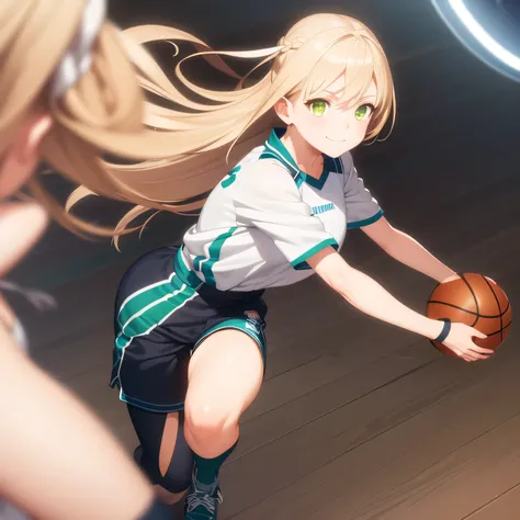A young female basketball player executes a dynamic jump shot with precision and grace. She holds the basketball firmly in both hands, her form exuding confidence and skill. Her slim-fit uniform highlights her athletic build, while black high socks and mat...