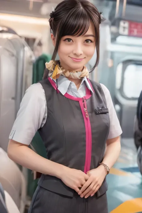 (masterpiece:1.2, Highest Quality:1.2), 32kHDR, high resolution, (alone、one girl)、( station platform waiting for streetcars、Professional Writing)、Empty station platform waiting for streetcars background 、( Realistic style of JR GranClass Attendant Uniform...