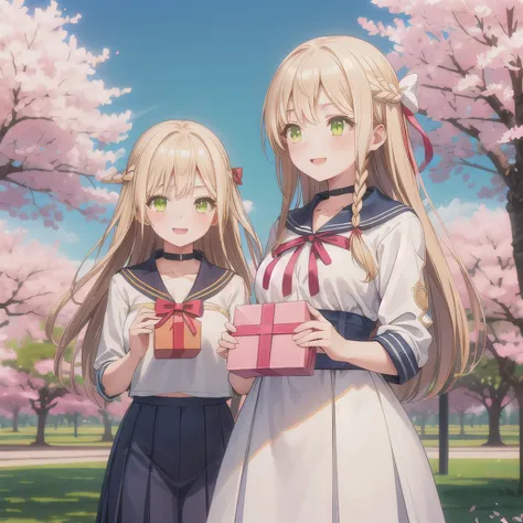 A breathtakingly beautiful 20-year-old woman stands in a lush park filled with cherry blossoms in full bloom beneath a clear blue sky. She wears a classic sailor uniform and gently holds a small, neatly wrapped gift box adorned with a red ribbon. Her radia...