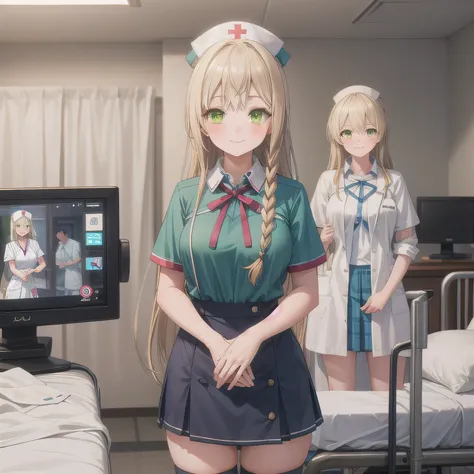 A breathtakingly beautiful 20-year-old woman stands in a warmly lit hospital room, dressed in a white mini-skirt nurse uniform with a matching cap. Her shy smile adds a touch of charm, while the surrounding medical equipment and furnishings create an authe...