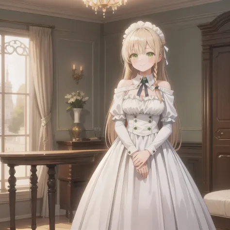 A breathtakingly beautiful 20-year-old woman stands in an opulent mansion room, dressed in a classic black-and-white maid outfit with a short hem and a white brim cap. Her confident smile radiates warmth. The room features elegant furnishings and decor bef...