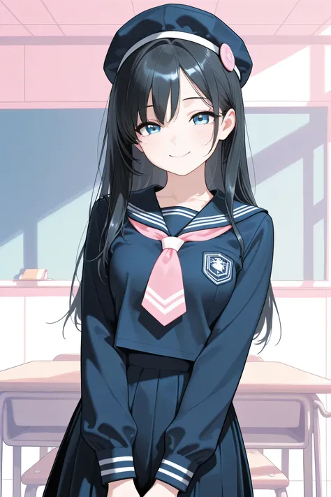 masterpiece, Highest Quality, 2D, flat shading that doesn't depict false ears, looking at flat illustration, pastel color , low contrast , Line Art, rough pattern , one girl, sexy , mature , clear , pale classroom background , dark blue sailor suit , ski...