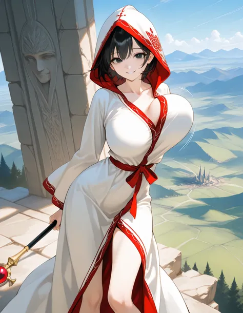 score_9, longlegs_v0.22_pony, BREAK, solo, 1 skinny girl standing, baby face, black eyes, black short hair, BREAK, (bursting large breasts), (too short torso), (too short waist), too narrow waist, skinny legs, BREAK, smile for viewer, arched back, arms beh...