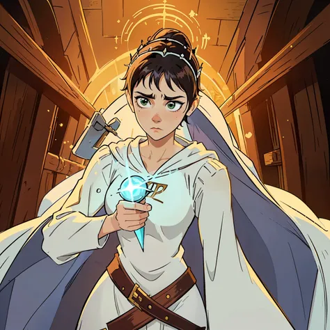 A beautiful woman with green eyes and brown hair is a sorceress Wizard dressed in white and gold robes Noble robes A princess of magic and a tired look ((gritando furiosa)), is rubber. ((Enrojecida)) dramatic wooden wallpaper An art for an RPG A medieval a...