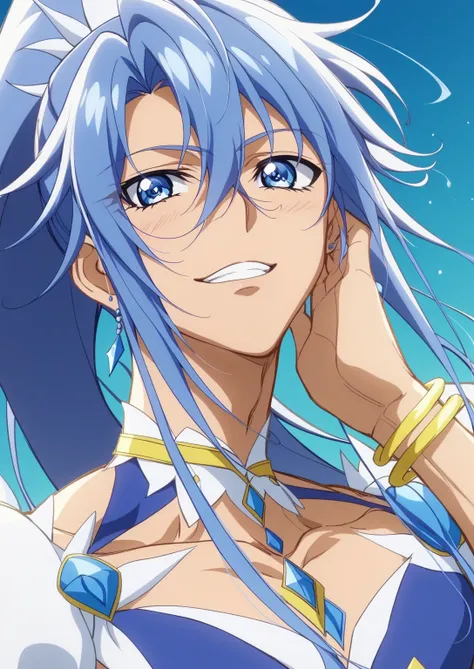 score 9 、score 8 up、score 7 up、source anime、masterpiece、Highest Quality、high resolution、anime coloring、1boy、cure diamond、(male:1.5)、Boy character with blue hair、high long ponytail hair、dia shape hair ornament、solo、portrait of Magic Boy、Boy in a blue dress、...