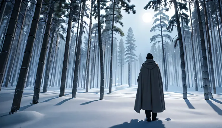 "A 3D animated scene at night illuminated by moonlight, in a snowy clearing in a snow-covered pine forest in the still-falling winter. A mysterious, adult-sized shadow stands next to a bamboo basket wrapped in cloth, surrounded by untouched snow. The dim l...
