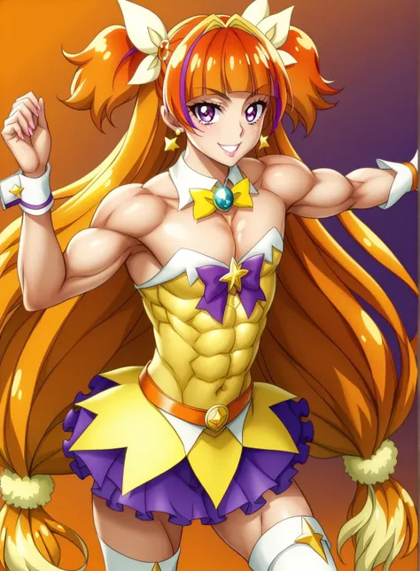 score 9 、score 8 up、score 7 up、masterpiece、Highest Quality、high resolution、anime coloring、1boy、cure twinkle、(male:1.6)、man in a yellow mini dress、solo、long hair、orange hair、low tied long hair、multicolored hair、 Hair、two tone hair、gradient hair、streaked hai...