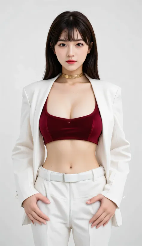 A confident, elegant young woman with a slim figure, standing in studio with white solid background , wearing a stylish outfit consisting of a deep red velvet tube top and a long white open blazer, white high-waisted wide-leg trousers, golden chain luxurio...