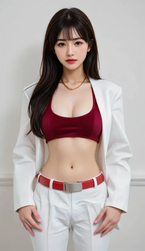 A confident, elegant young woman with a slim figure, standing in white wallpaper background, wearing a stylish outfit consisting of a deep red velvet tube top and a long white open blazer, white high-waisted wide-leg trousers, golden chain accessories wrap...