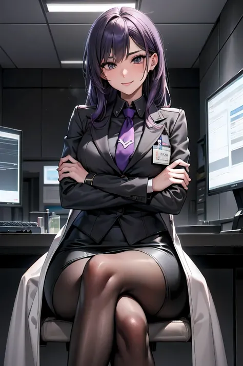 viwer from below,cowboy shot,((cross one's arms)), ((cross one's legs)),((perfect body,perfect face,perfect breasts,perfect finger,perfect legs)),((sleep deprived look)),((I've got bags under my eyes,fearless smile)),27age,(female genius scientist),(((mad ...
