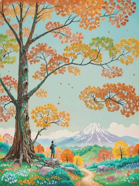 treeや草花と大きなプルドーザのカラフルな風景の絵、poster appealing for the prevention of destruction of nature, Machine insects、 vivid gouache painting landscape,  Whimsical Forest, 色とりどりのtree々, A rugged puldoza full of rust、Exhale white smoke, Nature Painting, Bright flowers、草原...