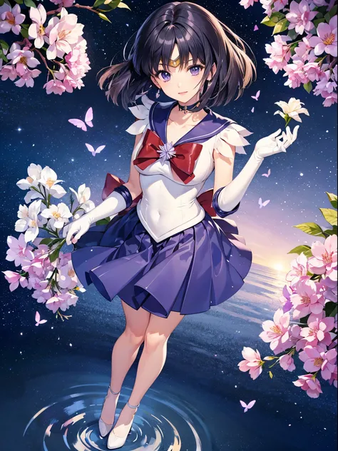 sailor saturn, 1 girl, black hair, short hair, purple eyes, detailed eyes, female focus, alone, Standing, Hotaru Tomoe, portrait, full body, (Masterpiece:1.0), (best quality:1.0) , (wallpaper 8k:1.0), (detailed beautiful face:1.0), (detailed deep eyes), de...