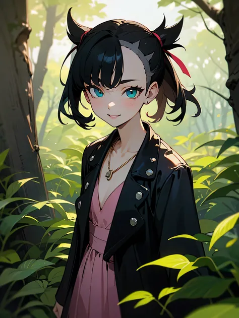 highres, realistic:1.2),anime style girl, black hair, assymmetric bangs, mischievous personality, playful expression, turquoise eyes, detailed eyes and face, cute smile, treehouse on a forest, top of the treehouse, looking to the horizon, peaceful atmosphe...