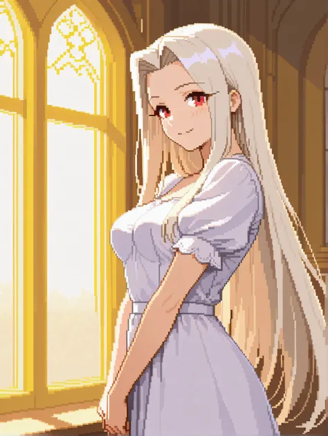1girl, backlighting, blush, breasts, closed mouth, cowboy shot, day, dress, forehead, from side, hair intakes, indoors, irisviel von einzbern, long hair, looking at viewer, medium breasts, own hands together, parted bangs, puffy short sleeves, puffy sleeve...