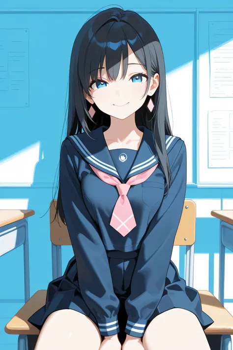 masterpiece, Highest Quality, 2D, flat shading without earring, looking at flat illustration, pastel color , low contrast , Line Art, rough pattern , one girl, sexy , mature , clear , classroom background , dark blue sailor suit , skirt for ears , pink t...