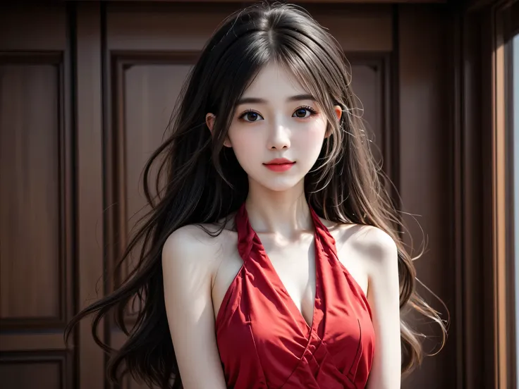 pretty girl,   , Young face,  standing, long layered hair style, big curls, party hairstyles, party curls,  flat chest , Very beautiful,  black hair, ผิวVery white, Very white, beautiful, Red Western Princess Dress, Red evening dress,  complete, Chasing sc...