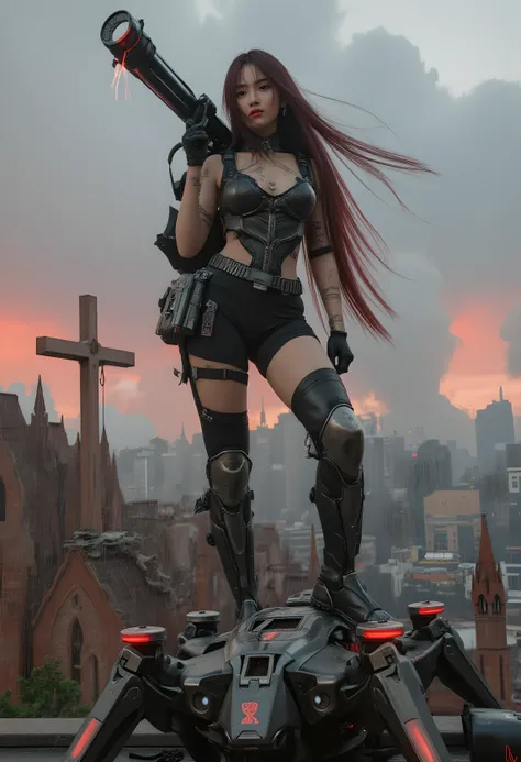 A striking anime-real hybrid render of a commanding cybernetic war queen standing on a ruined cathedral rooftop, above a dystopian metropolis torn by rebellion. Crimson clouds churn in the background as mechanical drones swarm the skies behind her, glowing...