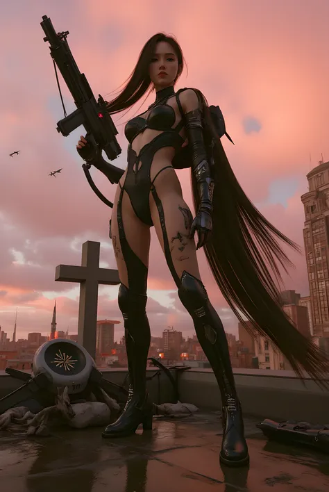 A striking anime-real hybrid render of a commanding cybernetic war queen standing on a ruined cathedral rooftop, above a dystopian metropolis torn by rebellion. Crimson clouds churn in the background as mechanical drones swarm the skies behind her, glowing...