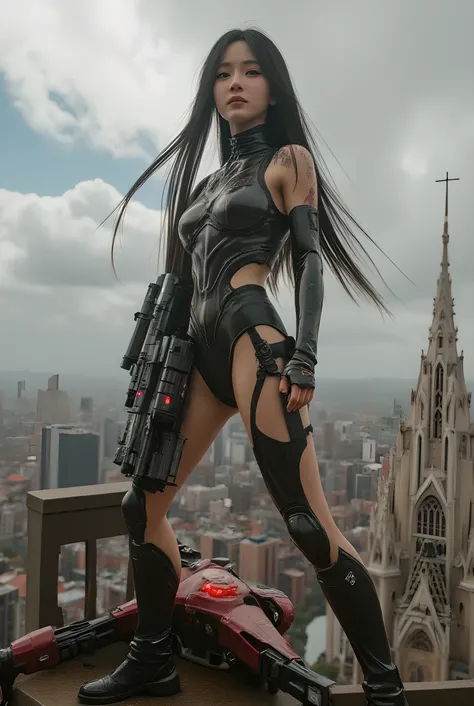 A striking anime-real hybrid render of a commanding cybernetic war queen standing on a ruined cathedral rooftop, above a dystopian metropolis torn by rebellion. Crimson clouds churn in the background as mechanical drones swarm the skies behind her, glowing...