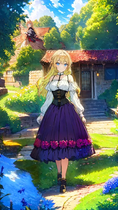 Anime illustration of a young woman with long blonde hair and blue eyes, wearing a fantasy-style outfit with a white off-the-shoulder top, a black and gold corset, red skirt, and large white sleeves with red and gold accents. She has black animal ears. The...
