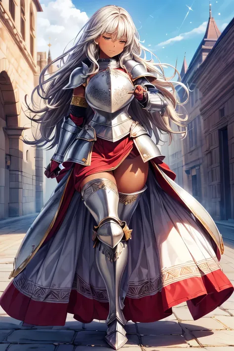 1girl, Baby face:1.5, cute:1.5, petite:1.5,
break
((dark skin:1.6)),
((knight armor : ( full plate armor :1.3) + (Armor Long Dress:1.3) + (elegant medieval armor) + (Red Patterned Silver Armor:1.2) + (shoulder) + (metal gauntlet) + (breastplate) + ( hi...