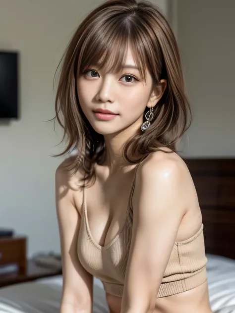  A beautiful young Korean Idol, model-like appearance, upper body shot, wearing a monochrome street fashion outfit, (natural looking uneven bangs with brown ashhair), round face, (soft natural smile:1.2), cheerful and fun atmosphere,  on the bed, realistic...