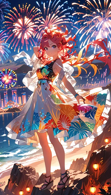 An anime-style female character standing on a cliff at sunset, wind in her hair, overlooking a vast summer festival below. Neon lights, fireworks, beach in background, vibrant colors, powerful pose, energetic atmosphere.